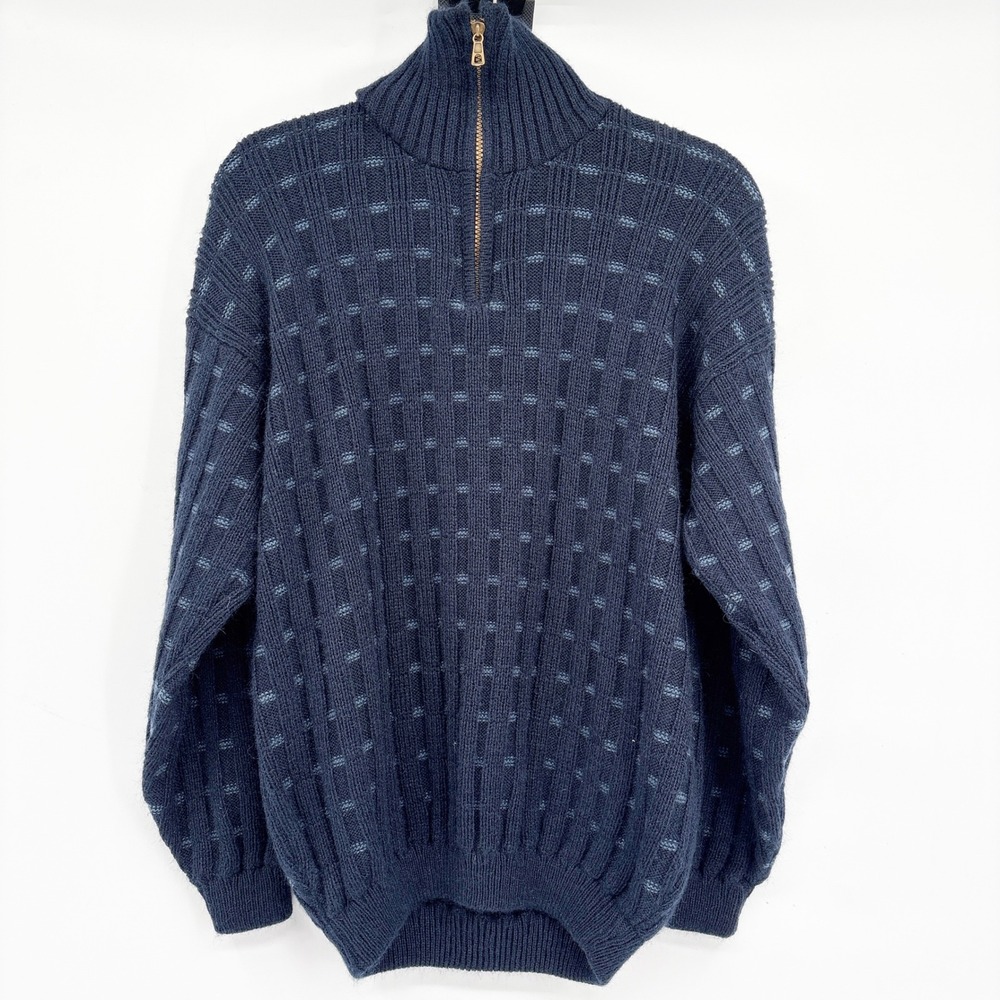 Baby Alpaca Mens Navy Blue Geometric 1/4 Zip Mock Neck Sweater‎ Made In Peru